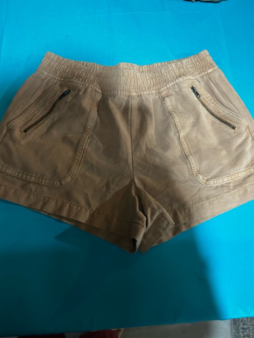 aerie Tan Elastic-Waist Athletic Shorts with Zip Pockets